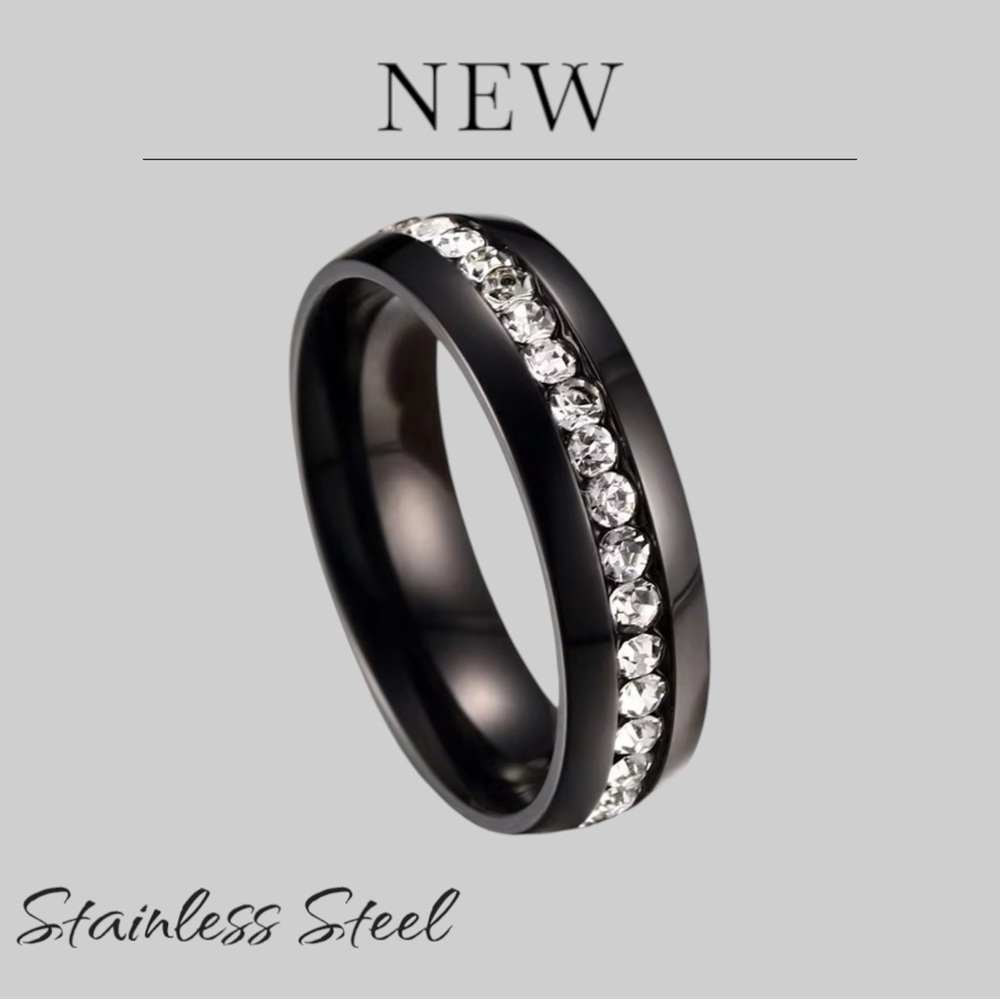 New Stainless Steel Unisex Engagement Ring Black or Gold Band CZ Row Inlay - Picture 9 of 9